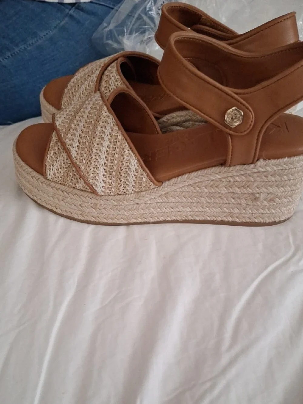 Women’s Raffia Wedge Sandals in Tan and Cream
